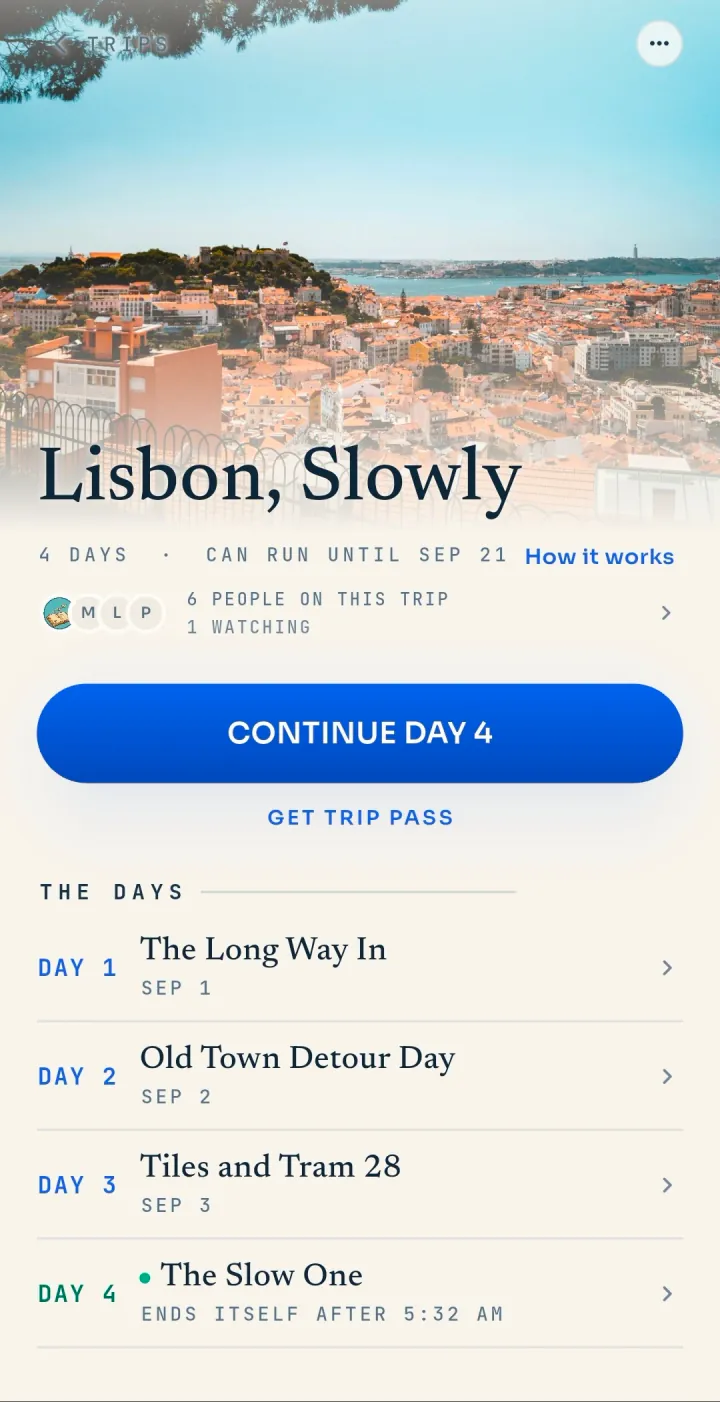 A Lisbon trip with four days: three ended, each with its chronicle, and one live.