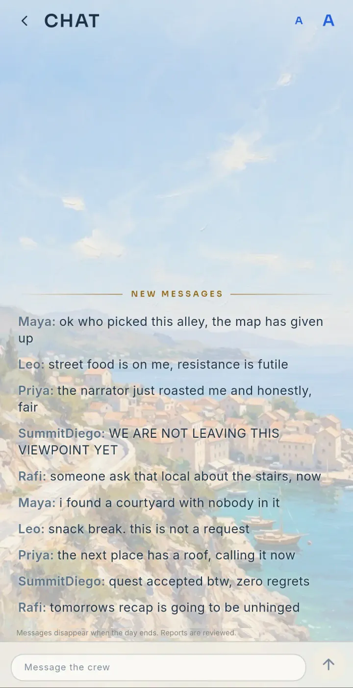 Invite-only trip chat with messages from the crew.