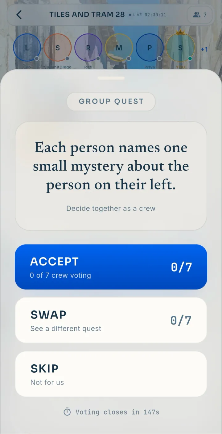 A group quest during a live day: each person names one small mystery about the person on their left, with Accept, Swap and Skip.