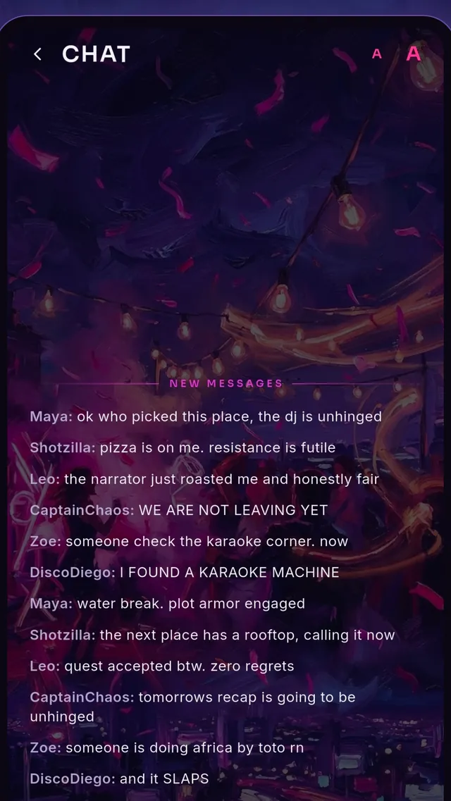 The group chat screen with messages from the crew.