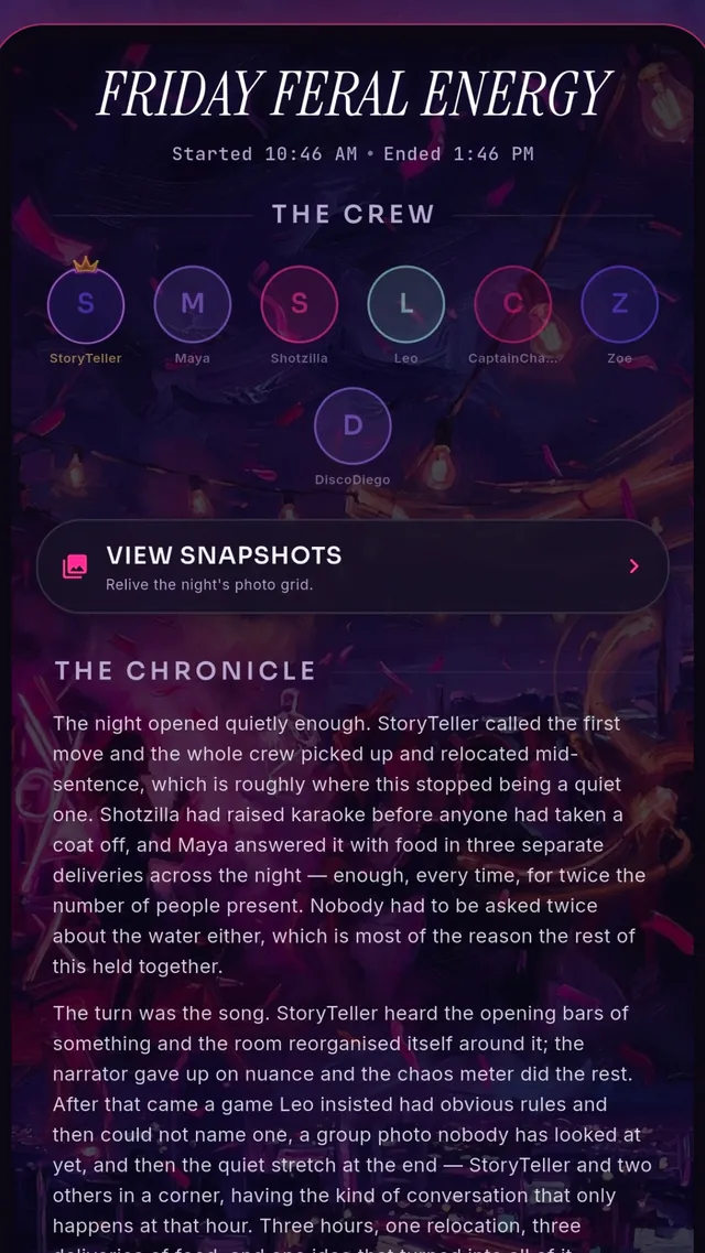 The chronicle: a titled write-up of the day, the crew's avatars, and the opening paragraphs of the story.