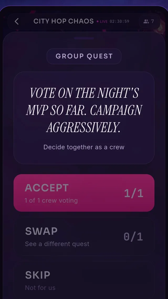 A group quest card with accept, swap and skip options and a live vote count.
